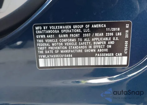 2019 Volkswagen Passat 2.0T Wolfsburg Edition z USA, uszkodzony, nr VIN 1VWLA7A3XKC010464